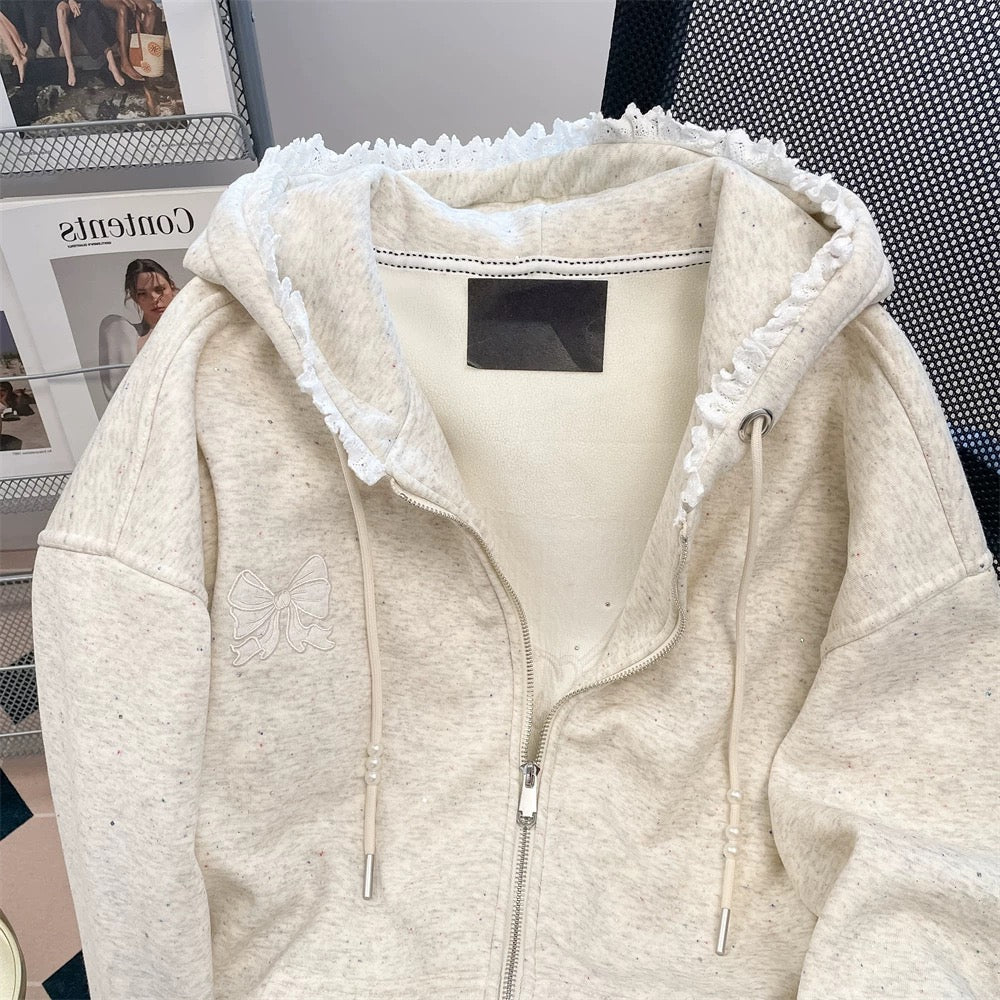 Korean style niche beaded embroidered bow sweater cardigan men and women autumn and winter design lace splicing hooded jacket