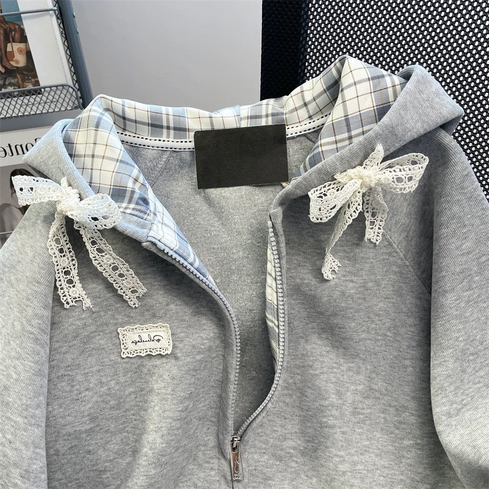 High-end and beautiful lace bow hooded sweatshirt for men and women spring and autumn college style pattern splicing jacket cardigan
