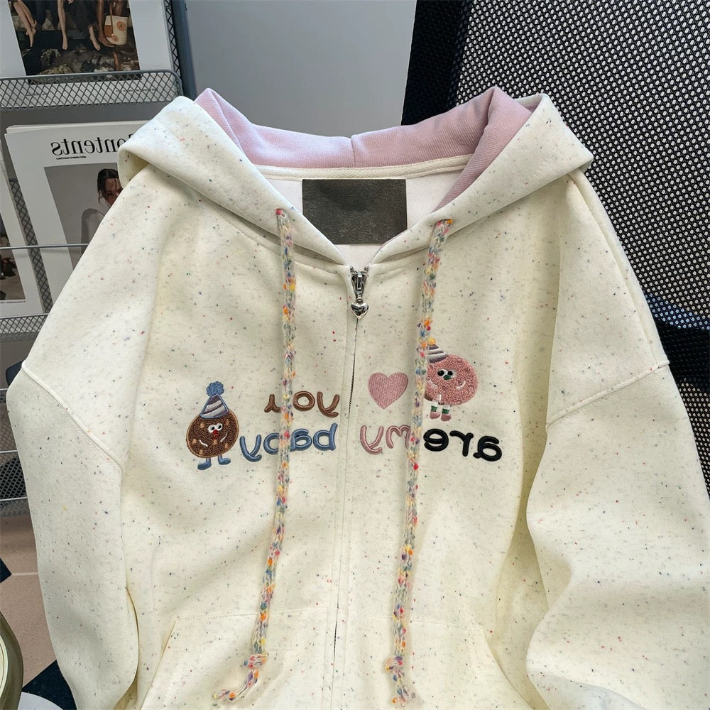 Design sense niche cartoon embroidery colorful dot sweatshirt men and women autumn and winter cute small hooded cardigan jacket