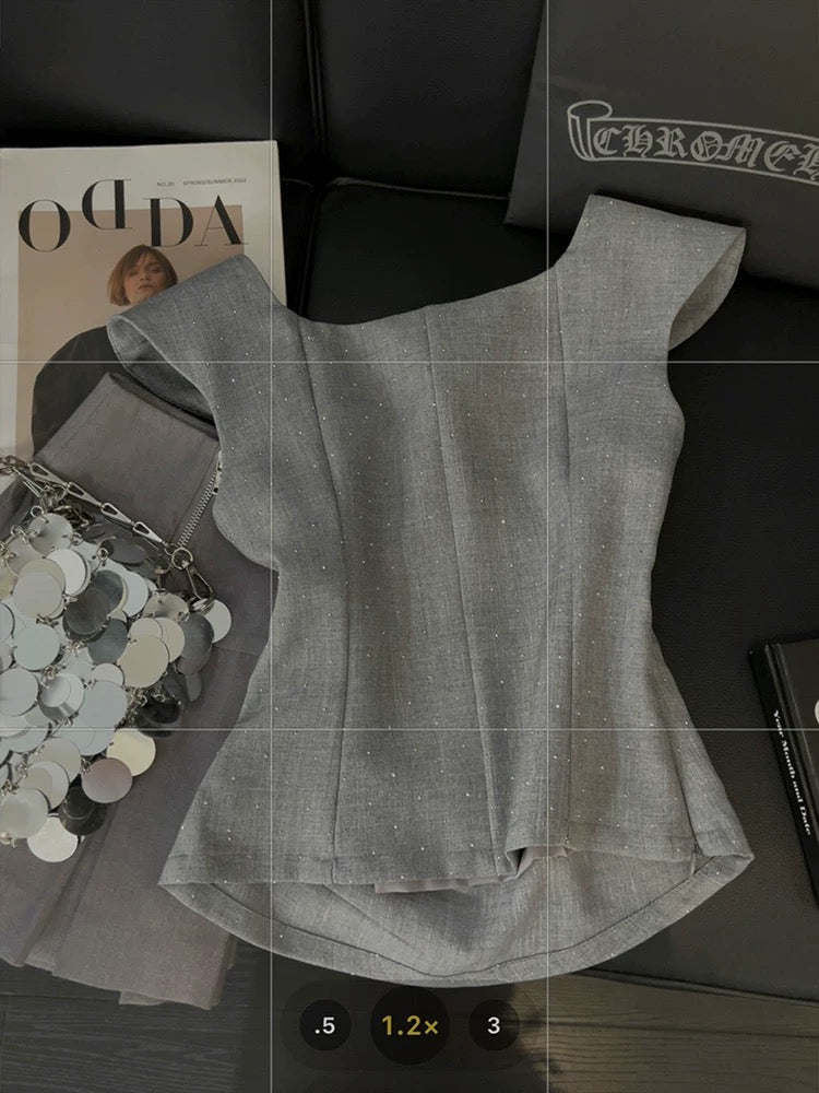 Women's Ruffled Square Neck Short Sleeve Top, Retro Gray Style, Sweet and Spicy, 2025 Summer New Style, Elegant Flutter Sleeve Vest