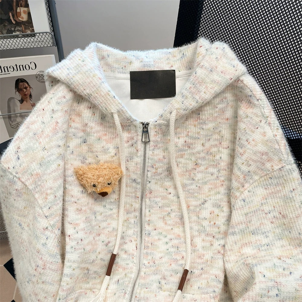 Dopamine cute bear colorful dot hooded sweater for men and women autumn and winter super beautiful knitted cardigan sweater jacket