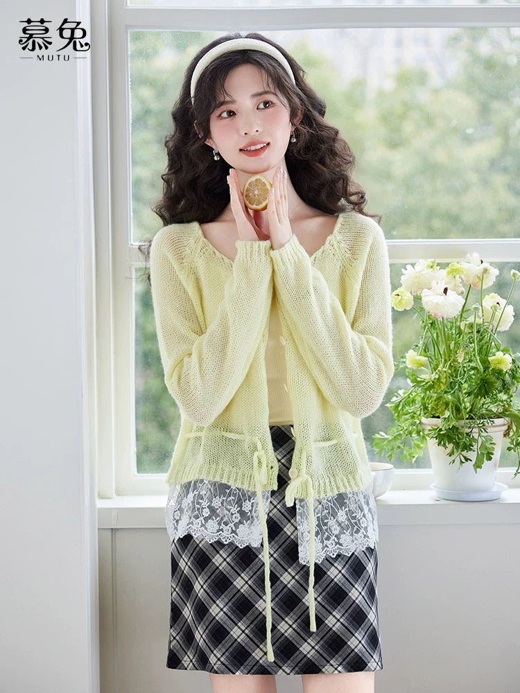 MuTu French Lace Patchwork Knitwear Women's 2025 Summer New Style Unique Loose Long Sleeve Top Thin