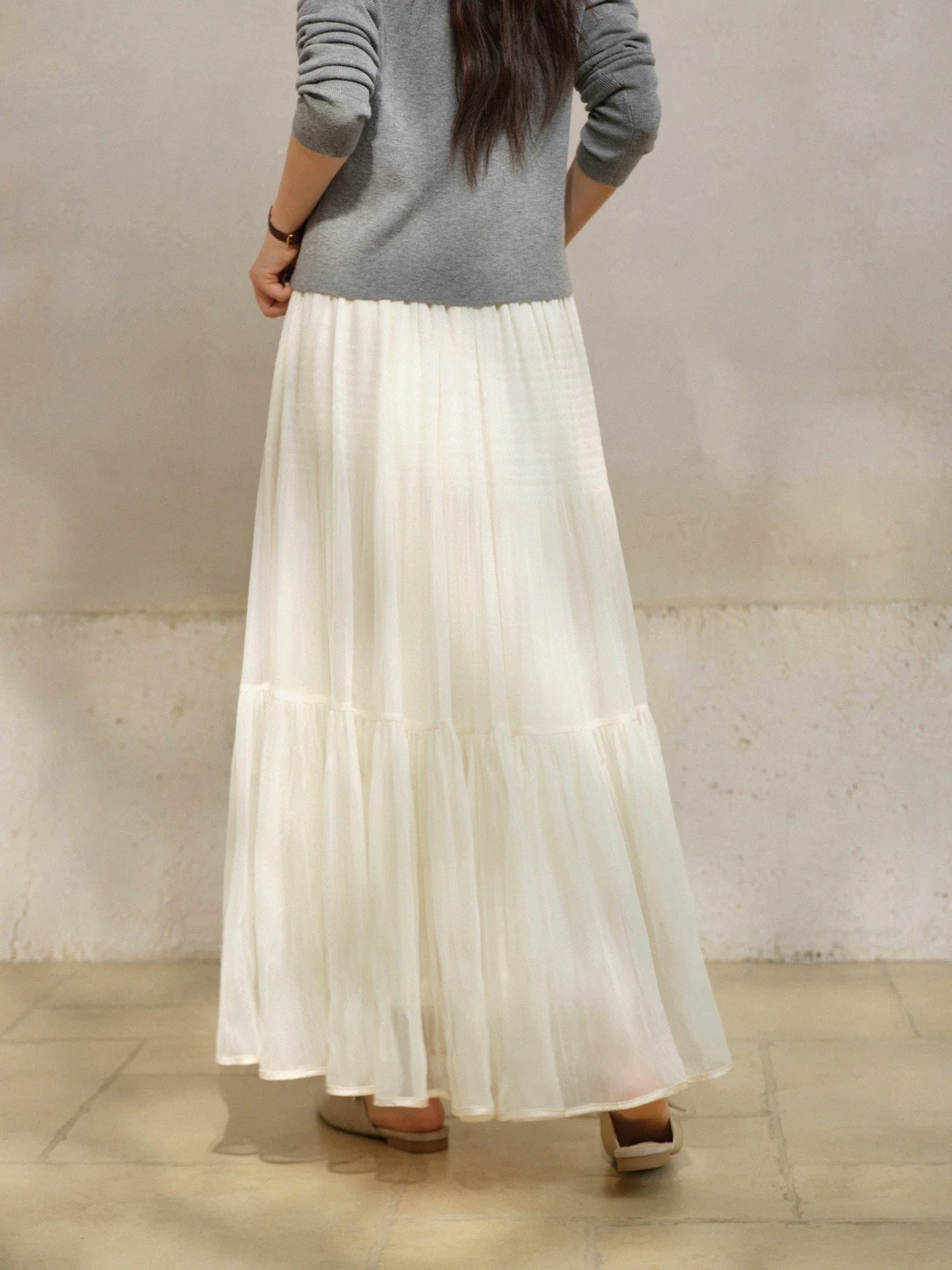 SLEEPYBUNNY High-Waisted Full-Sleeve Satin Pleated Midi Skirt for Women, Winter Slimming Mesh A-line Maxi Skirt