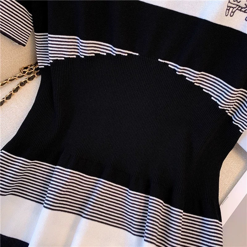 Chic Hong Kong style striped knitted dress women's summer waist-high knee skirt college style casual short-sleeved T-shirt skirt