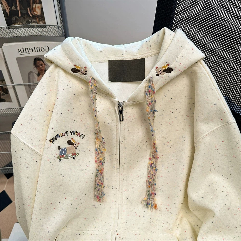 Naifufu cute puppy embroidered colorful dots sweatshirt for men and women spring and autumn sweet lazy style hooded jacket cardigan