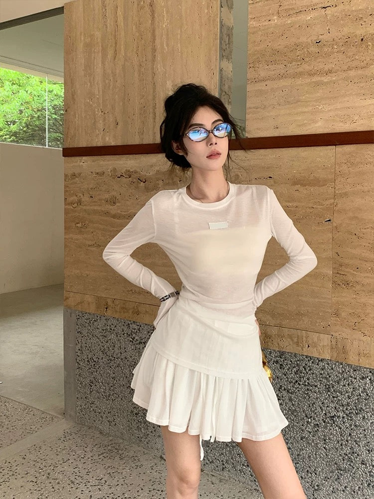 Hot girl casual suit women's summer new gray patch slim long-sleeved T-shirt high-waisted skirt two-piece set