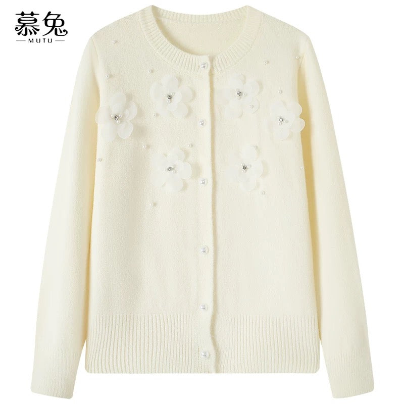 MuTu Sweet 3D Floral Flower Sweater Cardigan for Women, 2025 Winter New Style, Petite Round Neck Knitted Cardigan Top