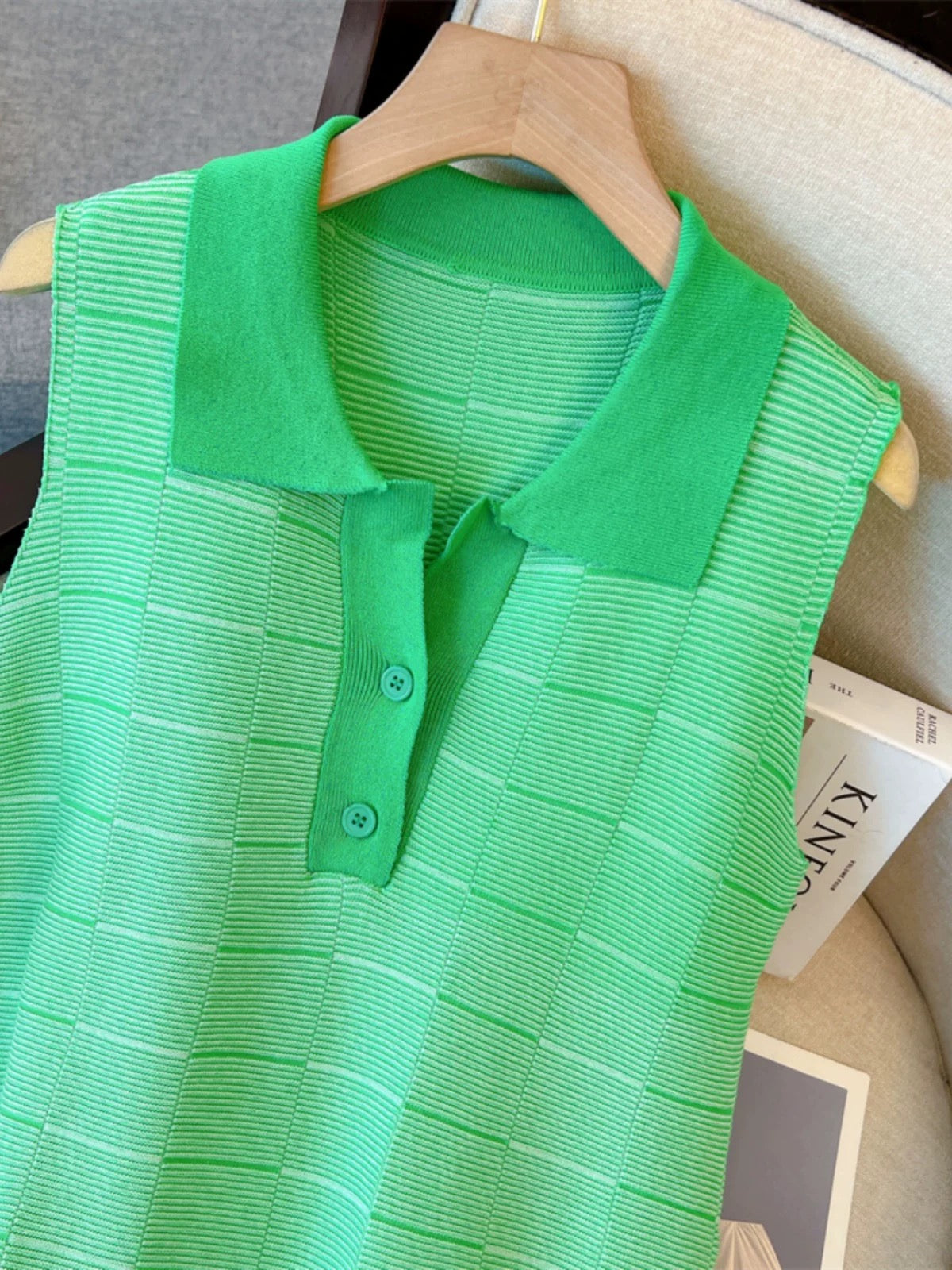 Polo collar seaside vacation style age-reducing sleeveless long skirt thin breathable gentle green knitted dress
