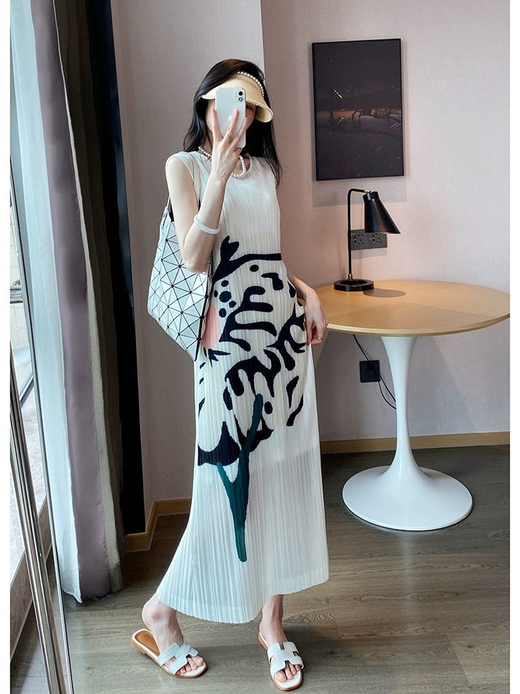 Miyake Chikage high-end printed pleated dress women's summer large size slim straight vest dress long skirt high-end
