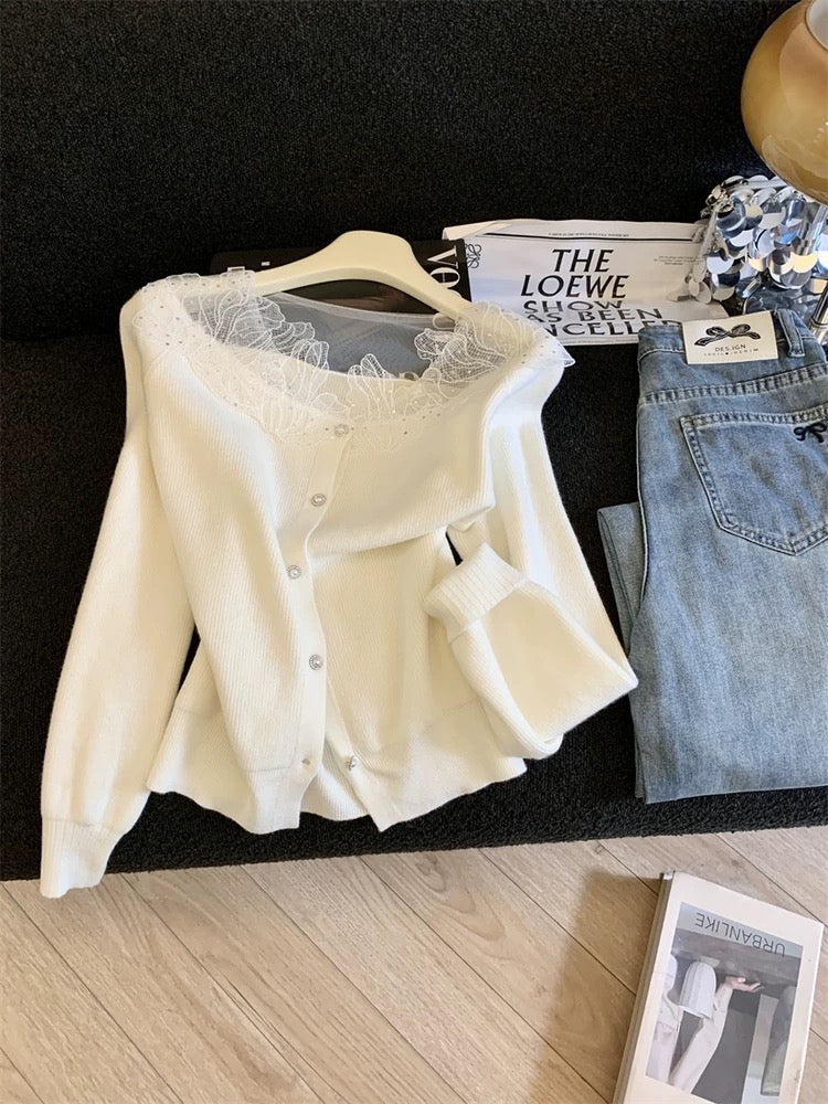 Jade Closet flagship store recommendation: Merard sweet style lace trim long-sleeved knit cardigan sweater for women.