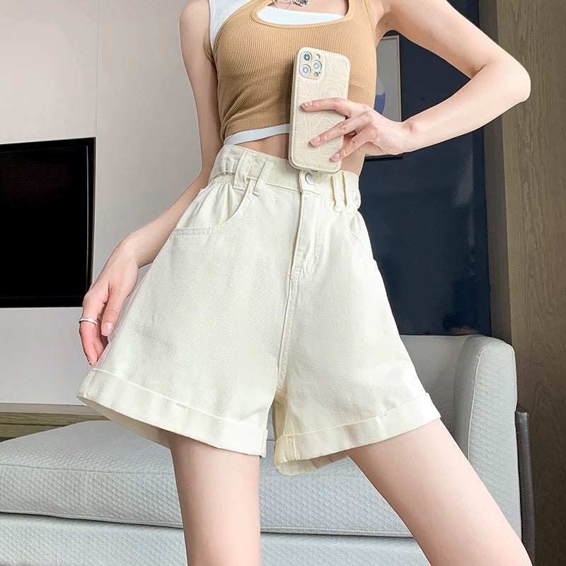 Curled denim shorts for women, petite, A-line, slimming, new summer styles, high waist, loose, large size, fat mm, wide leg hot pants