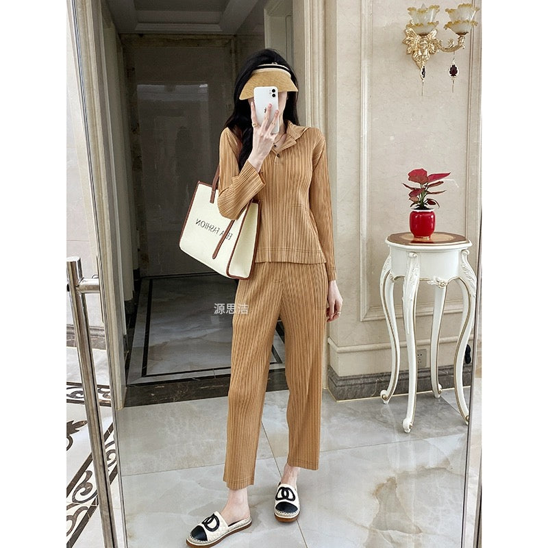 Miyake fashion casual hooded sweatshirt pants pleated suit two-piece women's sports fashion spring and autumn new summer thin