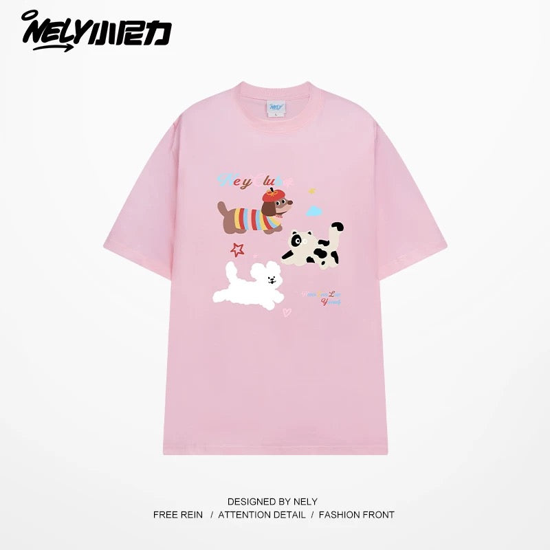 NELY Little Nelly Cute Puppy Printed Short-sleeved T-shirt for Men and Women 2025 New Summer ins Loose Casual Tops