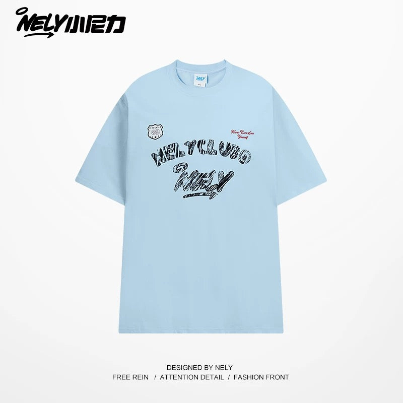 NELY Little Nelly Graffiti Letters Short-sleeved T-shirt for Men and Women Summer New Design Casual Trendy Brand Pure Cotton Top