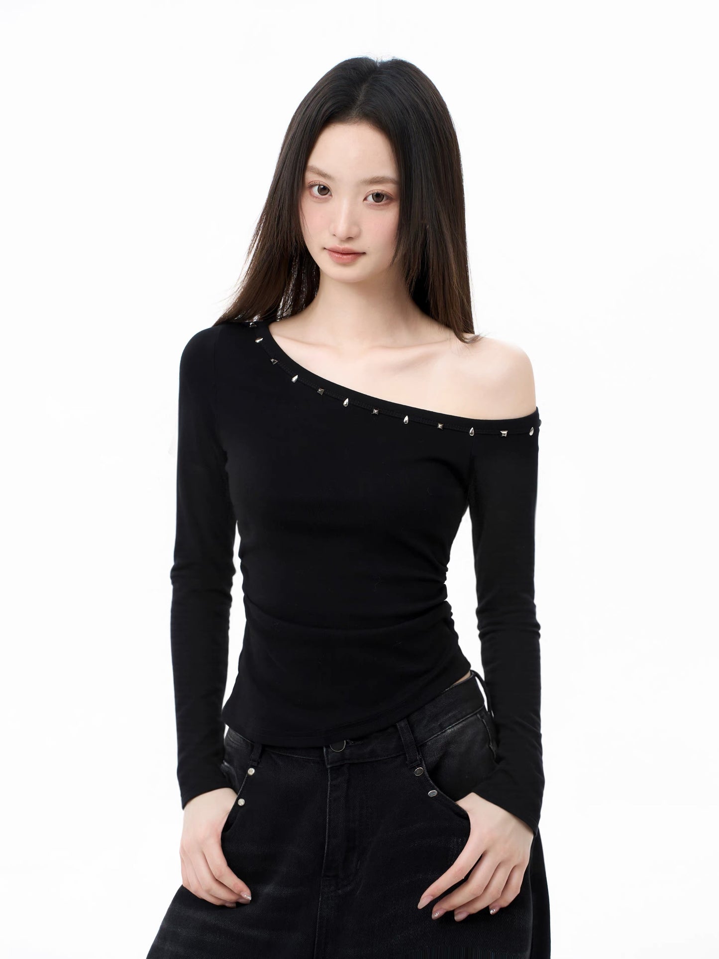 iiiamX Black American Style Off-Shoulder Long Sleeve Top for Women, Autumn Slim Fit Design, Inner Layer, Sexy Girl T-Shirt