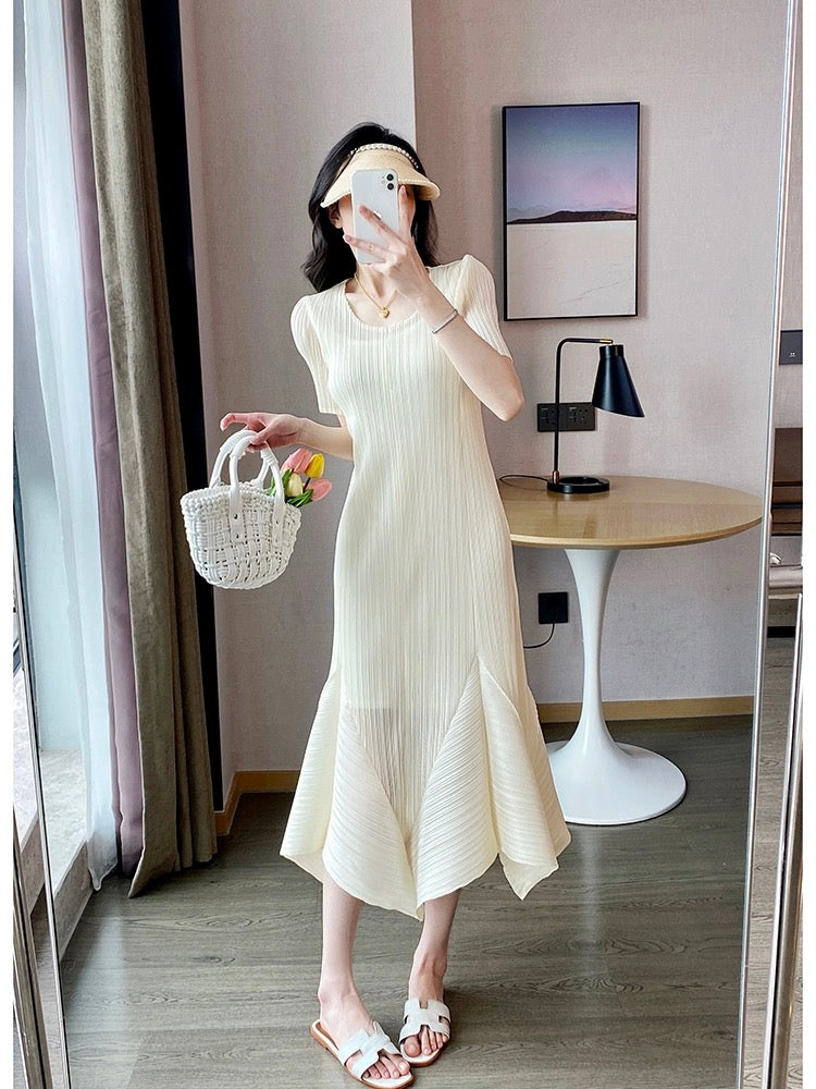 Miyake design pleated dress short-sleeved slimming tea break gentle holiday style pink fishtail long skirt summer