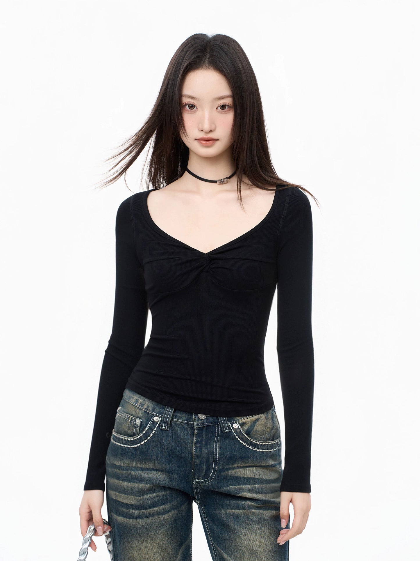 iiiamX Black Wide Neckline Long Sleeve T-Shirt Women's Autumn Hot Girl Inner Wear Slim Fit Base Layer Top New Style