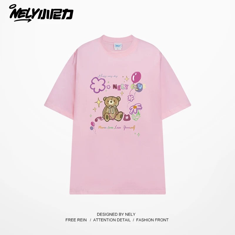 NELY cute cartoon bear print niche short-sleeved T-shirt for men and women in summer loose lazy style tópỷ