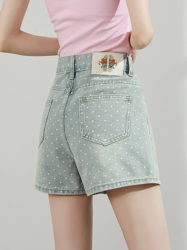 Polka dot denim shorts women summer 2025 new high waist loose wide leg slim blue a hot girl hot pants thin