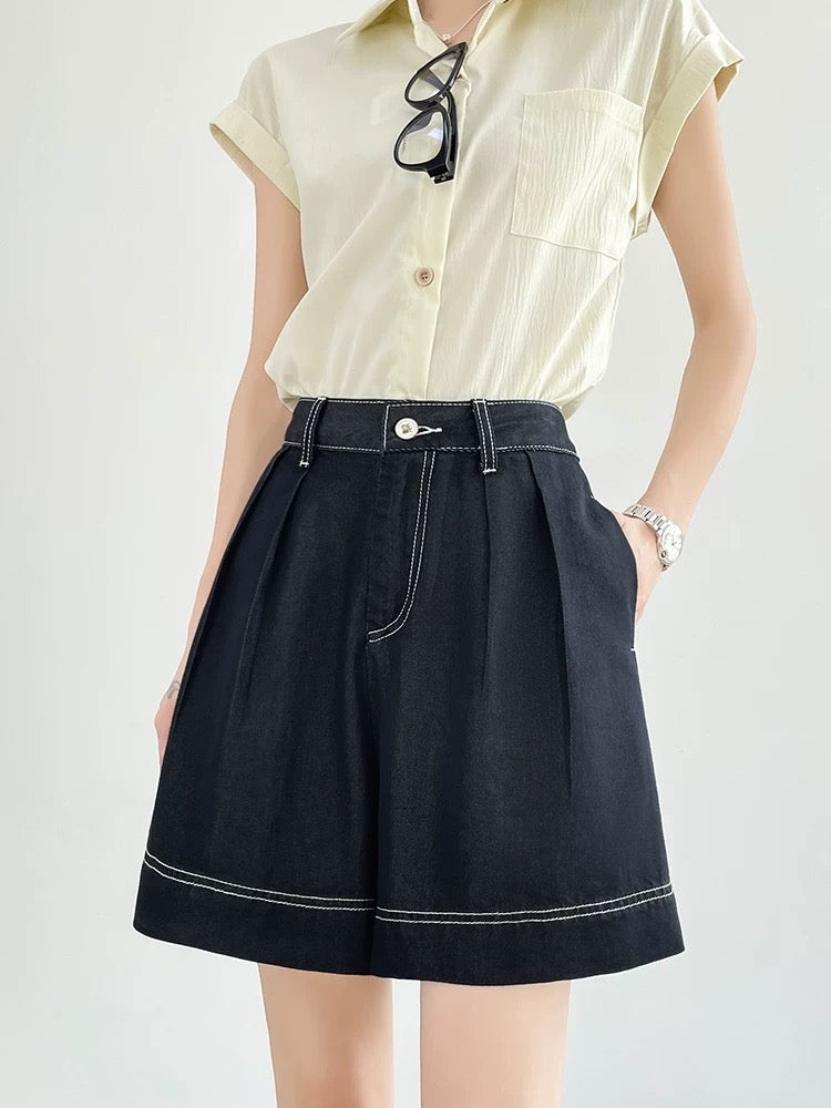 Denim blue sky silk soft denim shorts women's summer new high waist loose slim straight 5-point shorts thin