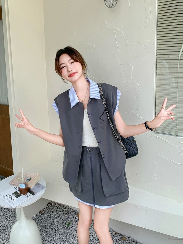 Gray striped splicing casual suit skirt for women summer 2024 new sleeveless shirt workwear short skirt two-piece set