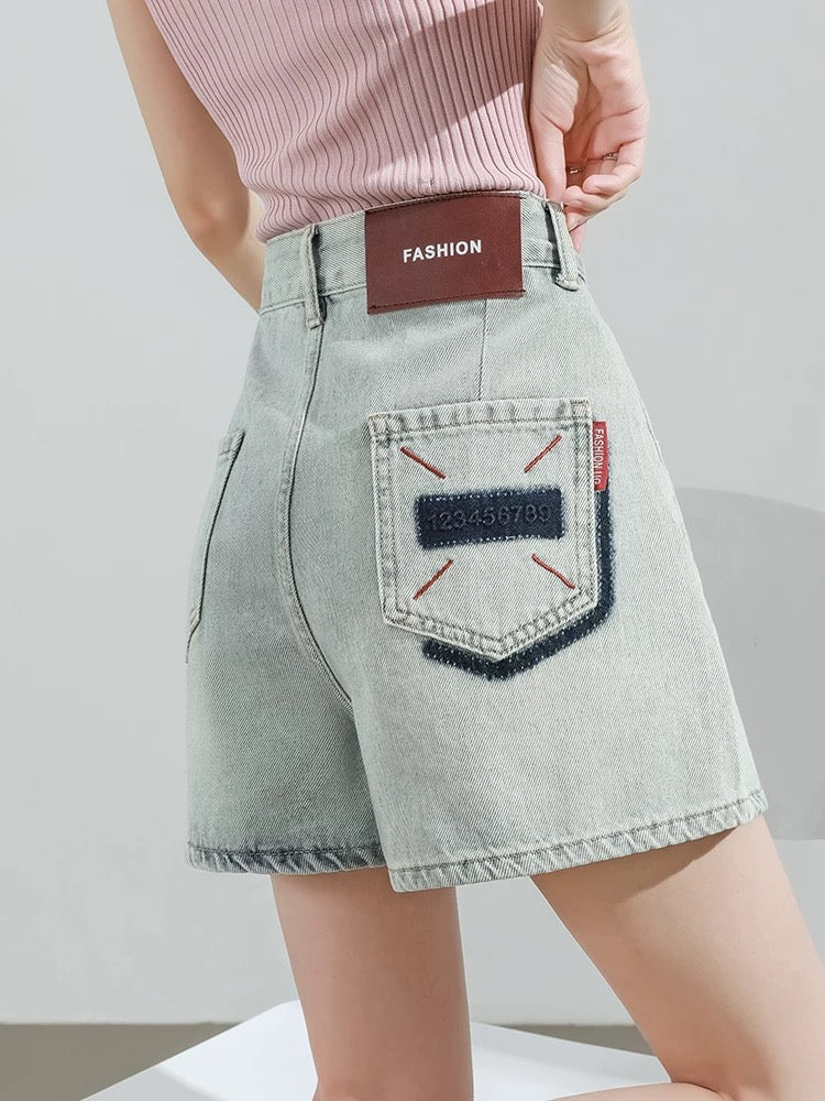 American contrast color denim shorts women's summer thin high waist slimming loose versatile hot girl wide leg A-line hot pants trend