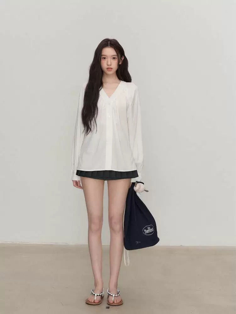 OIOI ESSE / "Morning Breeze" Tencel French Style White V-Neck Shirt Women's Summer Simple and Versatile Top