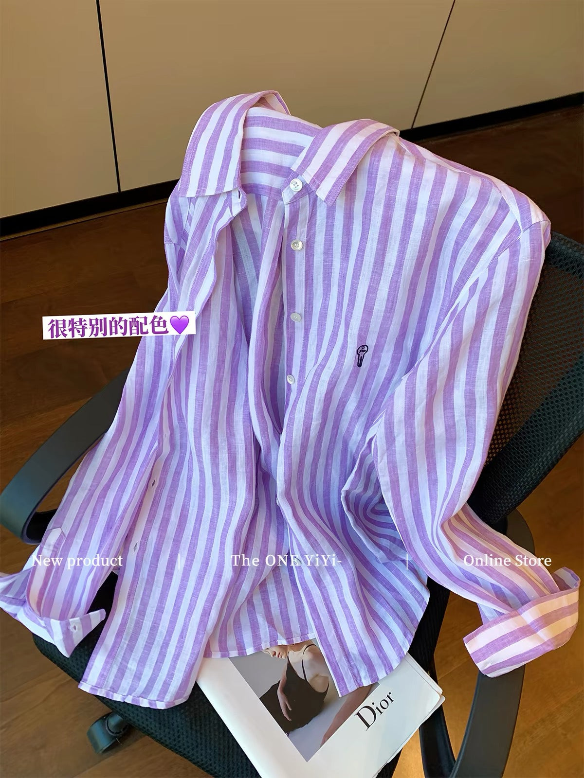 Old Money" Style Purple Striped Cotton-Linen Shirt for Women – Early Autumn 2026 New Arrival: Sophisticated, Relaxed, and Slimming Loose-Fit Shirt