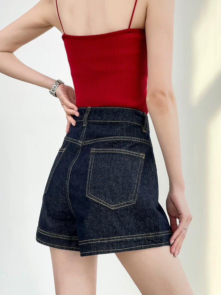 Dark blue high waist denim shorts women's summer thin 2025 new loose elastic slim a-line wide leg hot pants