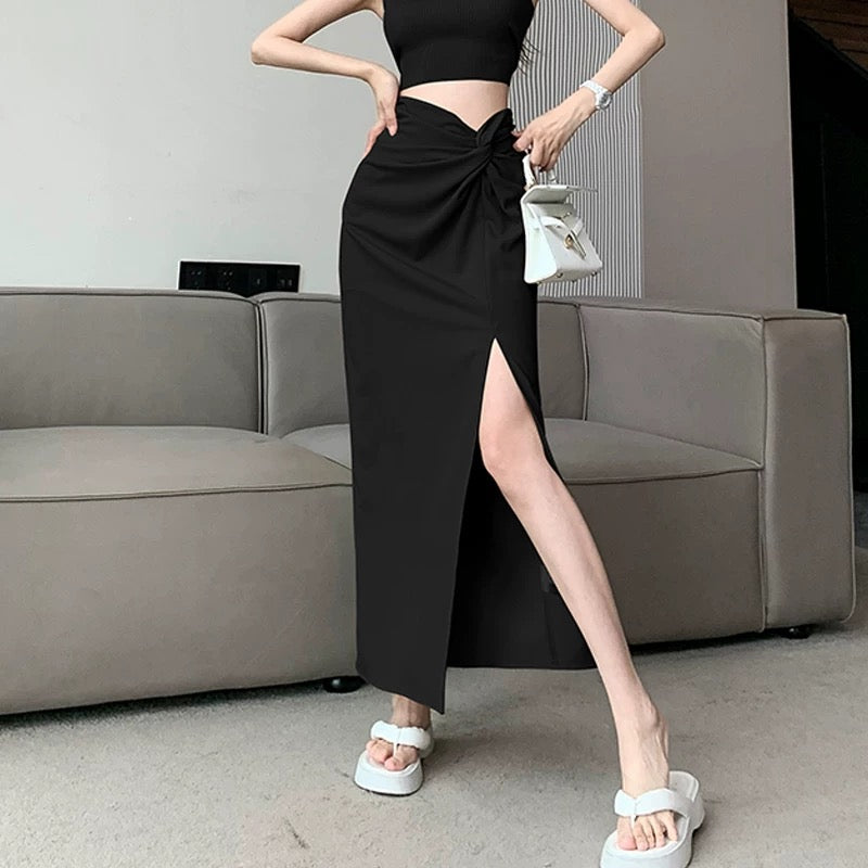 Design pleated high waist slit skirt women's summer retro mid-length A-line hip skirt khaki skirt