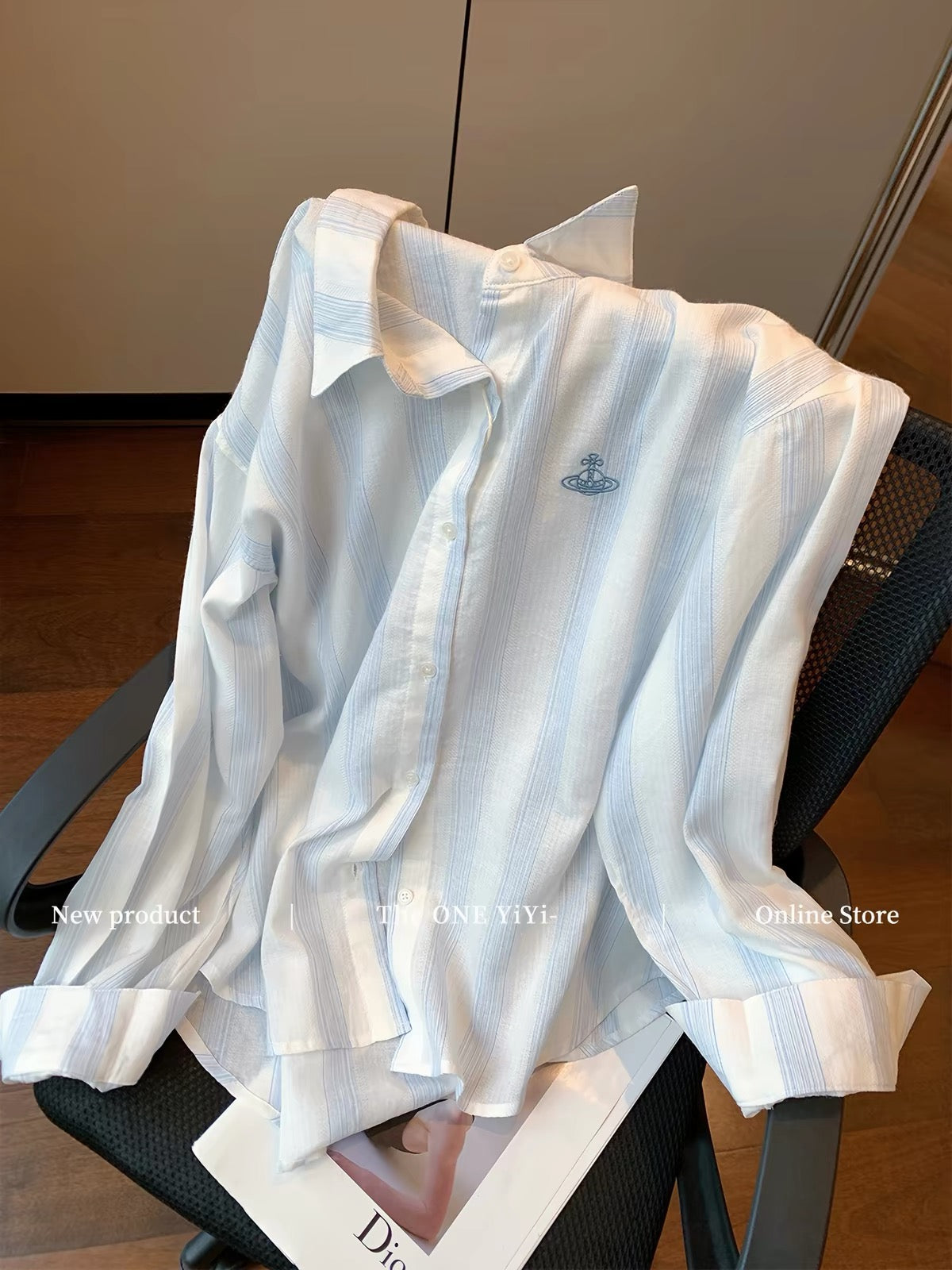 Women's Sea Salt Blue Cotton-Linen Shirt with Saturn Embroidery – Autumn 2026 New Arrival: Loose, Relaxed-Fit, Slimming Sun-Protection Shirt