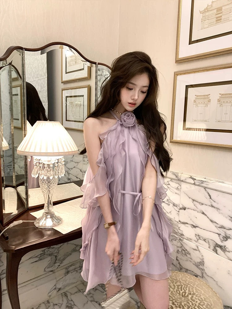 Acaine Purple Mid-Length Ruffled Halter Neck Off-Shoulder Dress, Summer French Style Dress