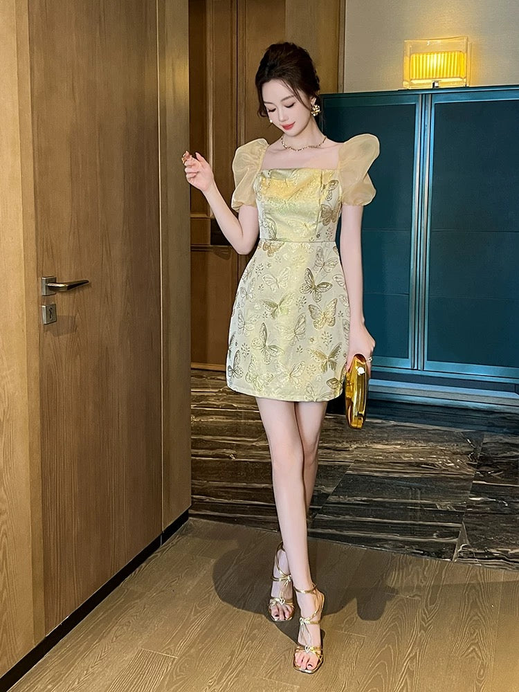 Light luxury small fragrance style lady yellow dress female 2025 summer French jacquard fabric niche small dress temperament skirt