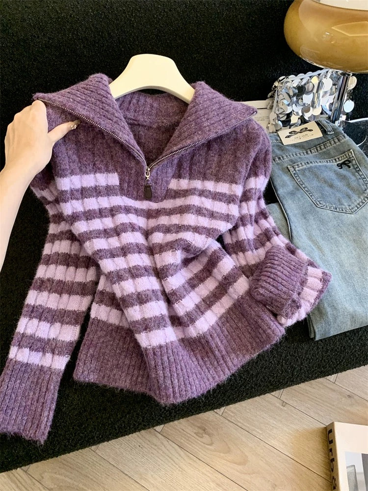 Jade Closet flagship store recommendation: Merlad's sweet-style collared half-zip color-blocked striped knit sweater.