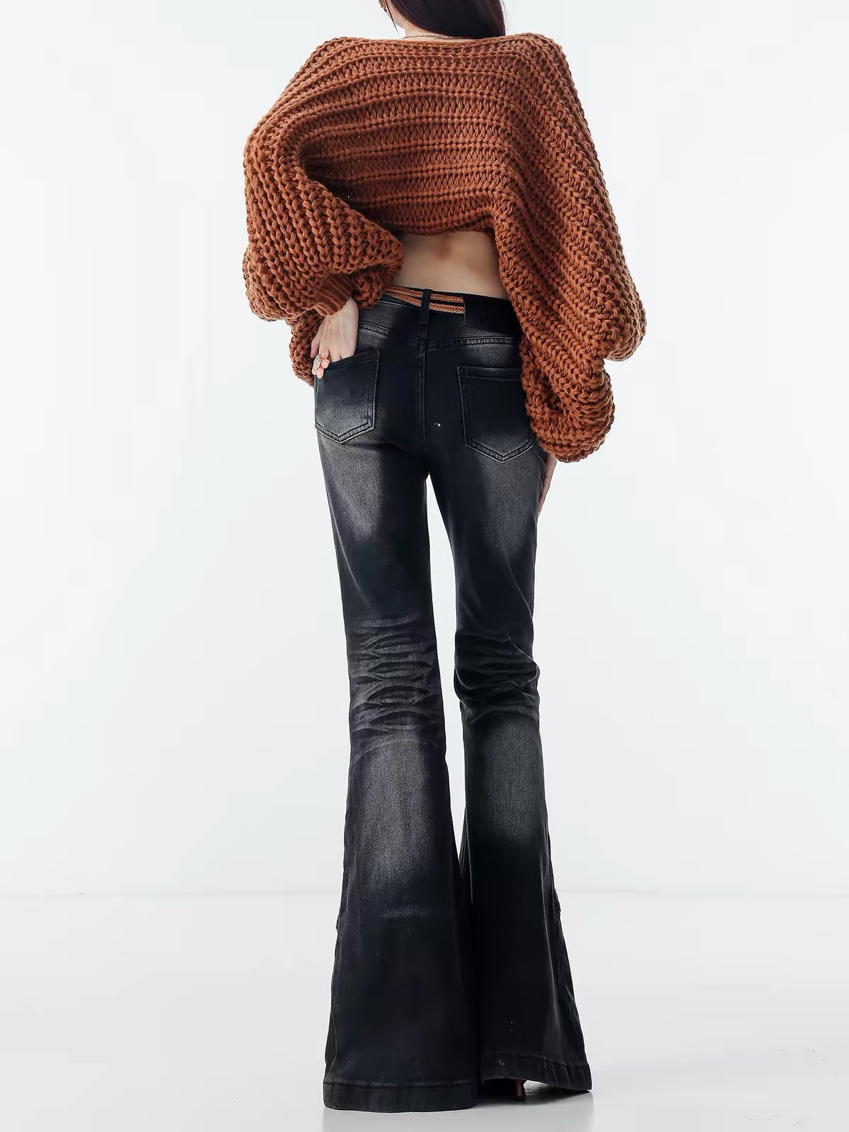 ABWLR Original American Retro Black Kick-Flare Jeans – High-Waisted Floor-Length Style with Button-Detail Slit Hems