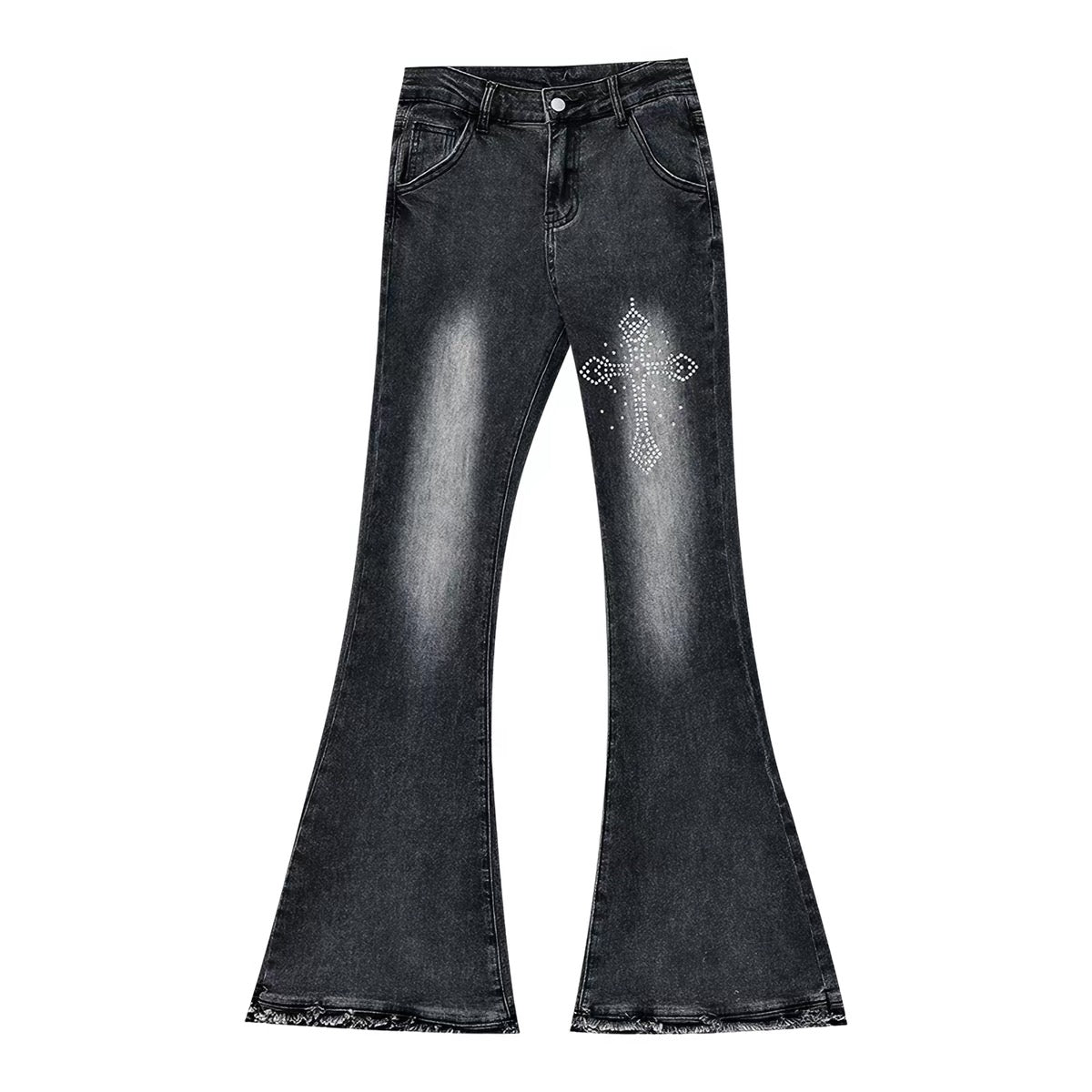 ABWLR Supermodel-Style Jeans – Original "Sweet-Cool" Style Slim-Fit Flared Jeans featuring Frayed Hems and Cross Rhinestone Details.
