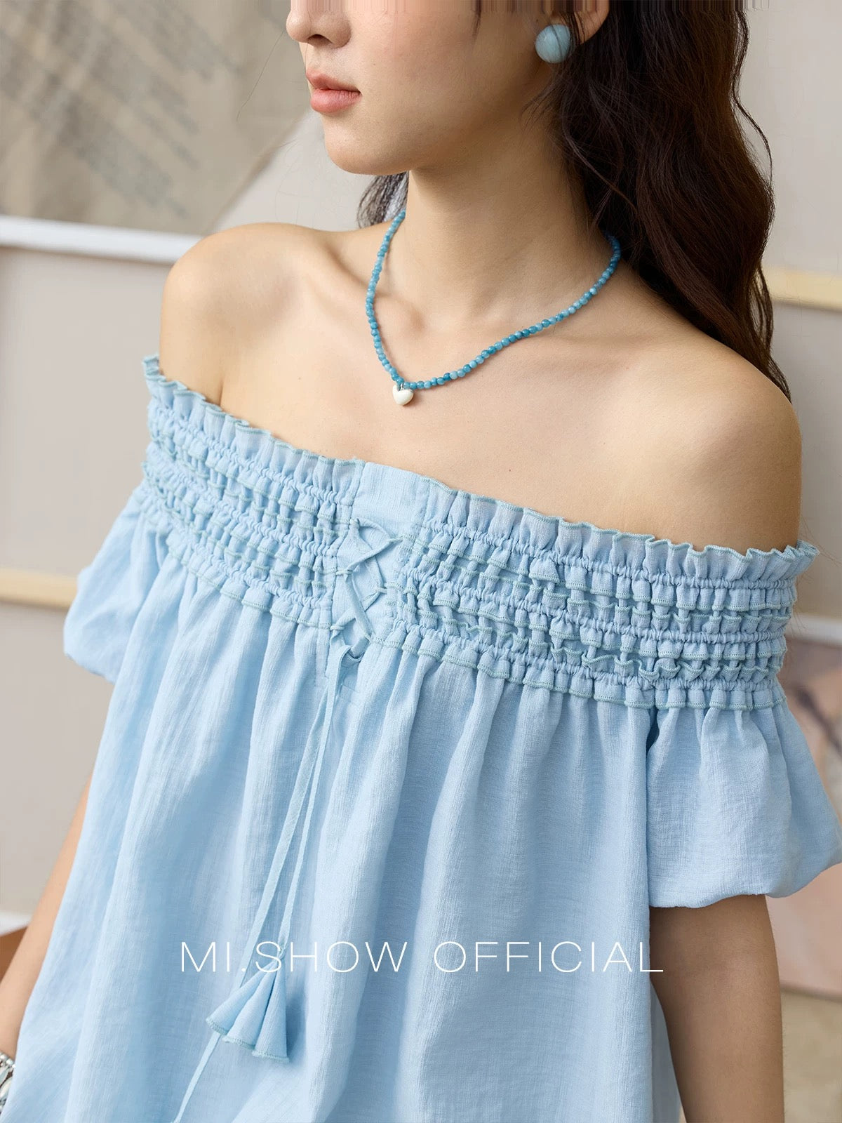 MISHOW Misty Blue Off-Shoulder Top for Women, Elasticated Gathered Puff Sleeves, Slim Fit, Cotton Blend Top