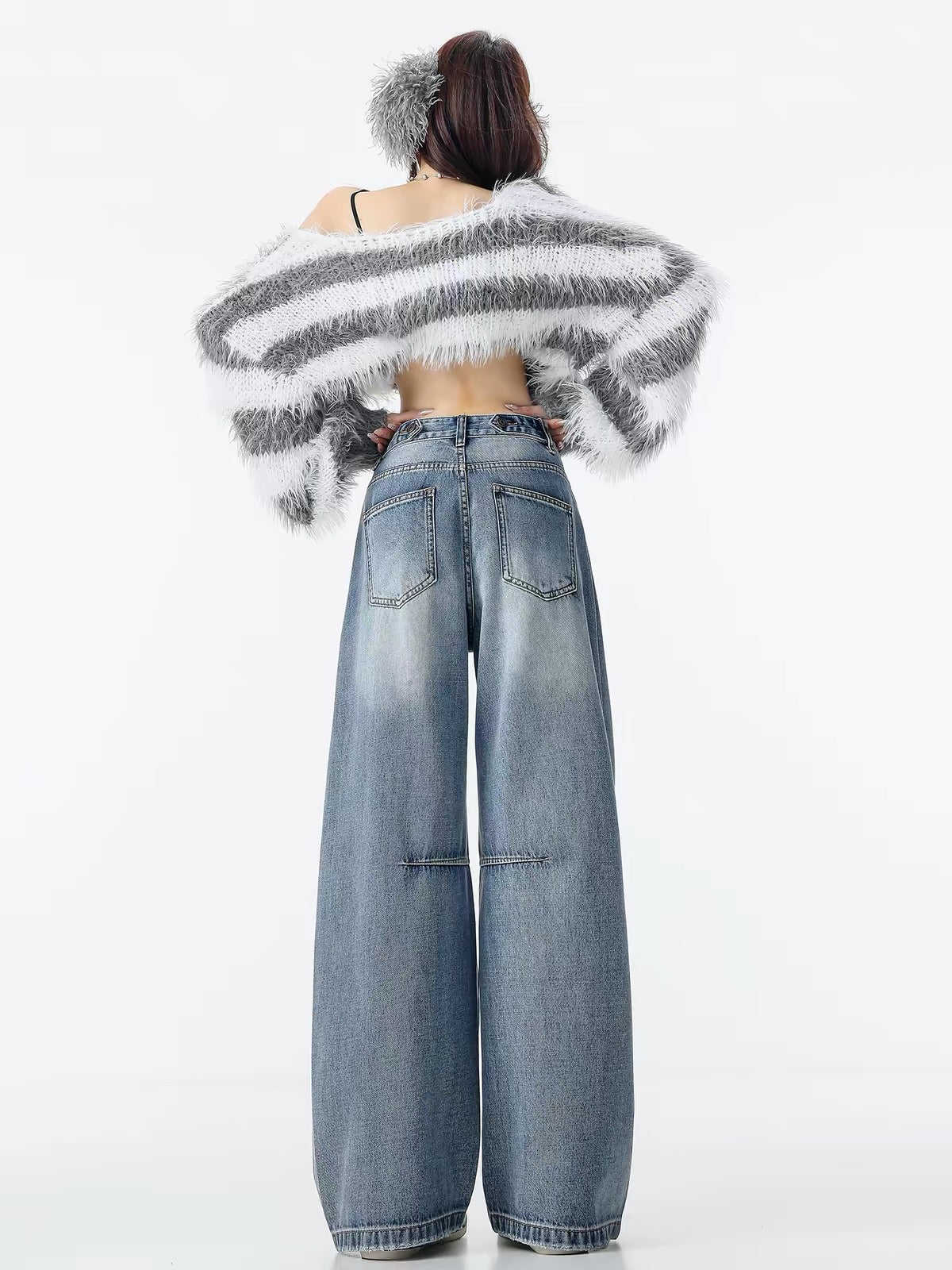 ABWLR Sea Salt Soda – Original vintage-style, distressed light-blue wide-leg jeans featuring exposed stitching and a floor-length cut.