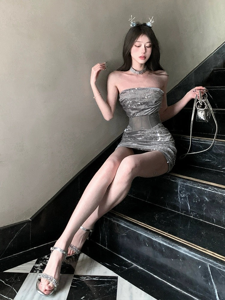 Pure lust sexy sequin glitter tube top dress for women summer high-end waist slimming slim hip short skirt