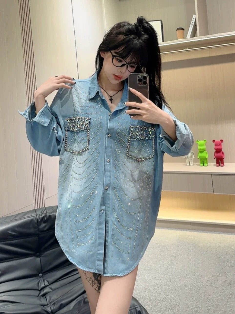 European fashion brand heavy industry hot diamond blue denim jacket shirt for women 2024 early spring new loose street style women's clothing