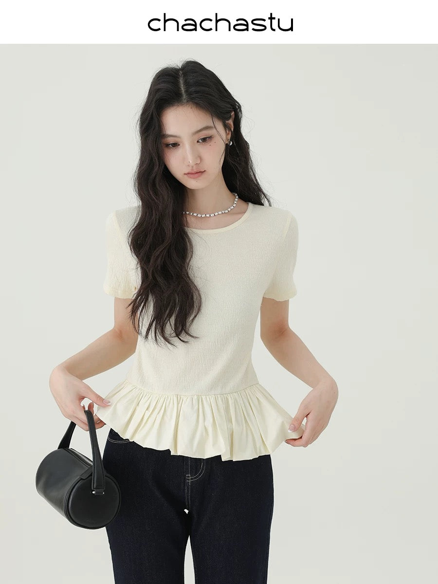 CHACHASTU French-style irregular short-sleeved round neck knit T-shirt for women, summer style, waist-slimming and flattering outerwear.