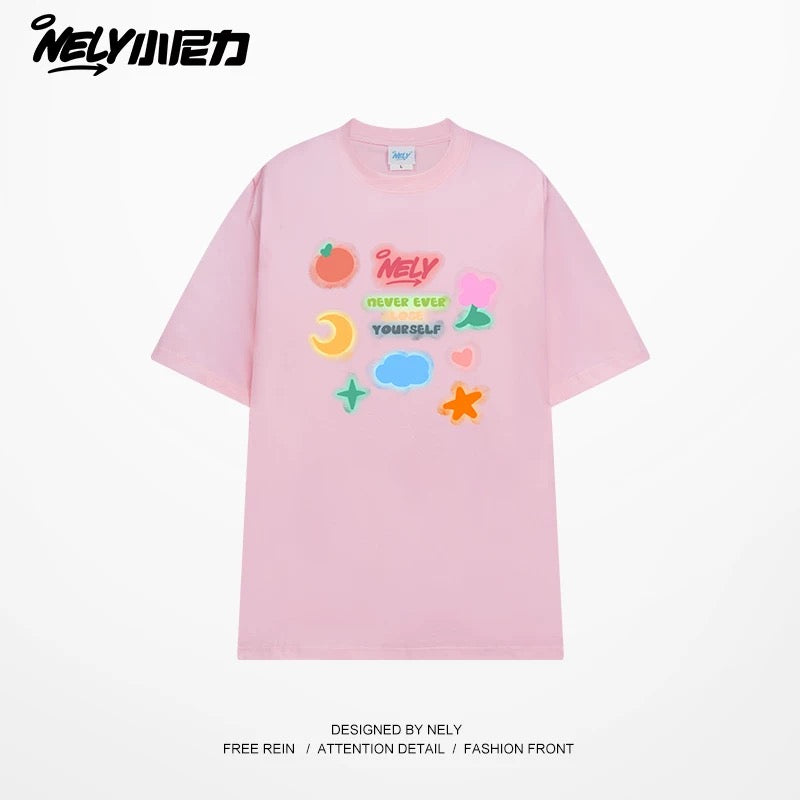 NELY Little Nili National Tide Brand Couple Color Graffiti Cartoon Print Short Sleeve Men and Women 2025 New Summer T-shirt