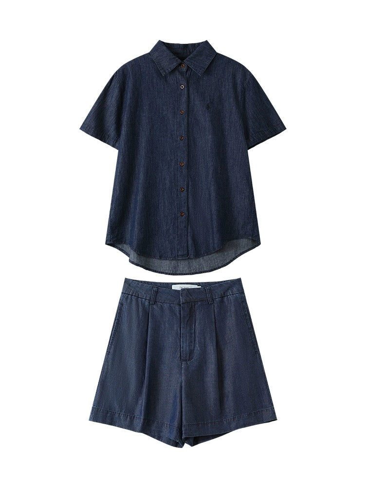 Princess's linen cotton blue denim suit for women 2024 new summer short-sleeved shirt casual shorts
