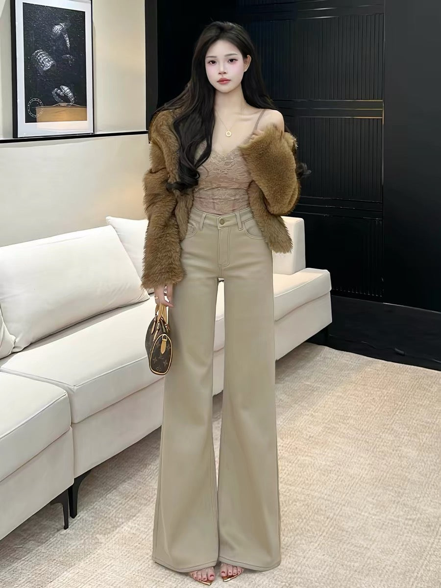 Qiaozhan khaki embroidered vintage style flared jeans for women, high-waisted design, wide-leg pants for spring and autumn.