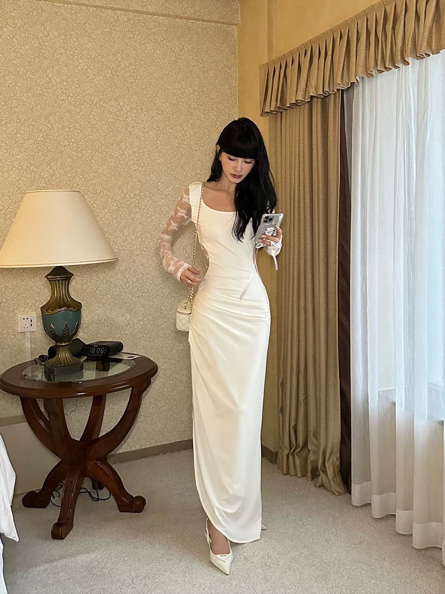 VENUIE off-white irregular hem long-sleeved dress French temperament lace splicing slim waist long skirt