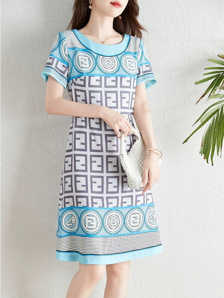 Unique design fashion printed dress women summer 2024 new French style temperament age-reducing waist slimming skirt