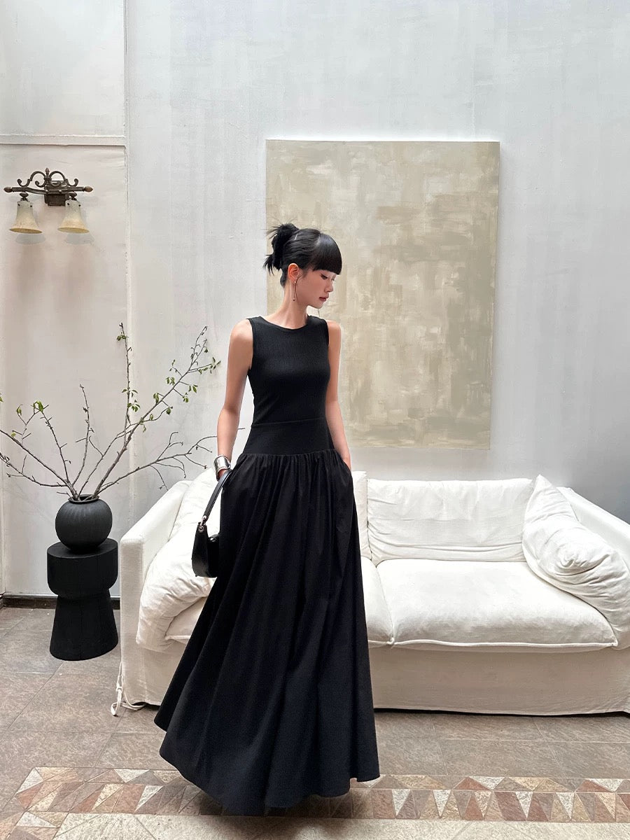 VENUIE sleeveless round neck dress female summer French retro slim waist design solid color vest long skirt
