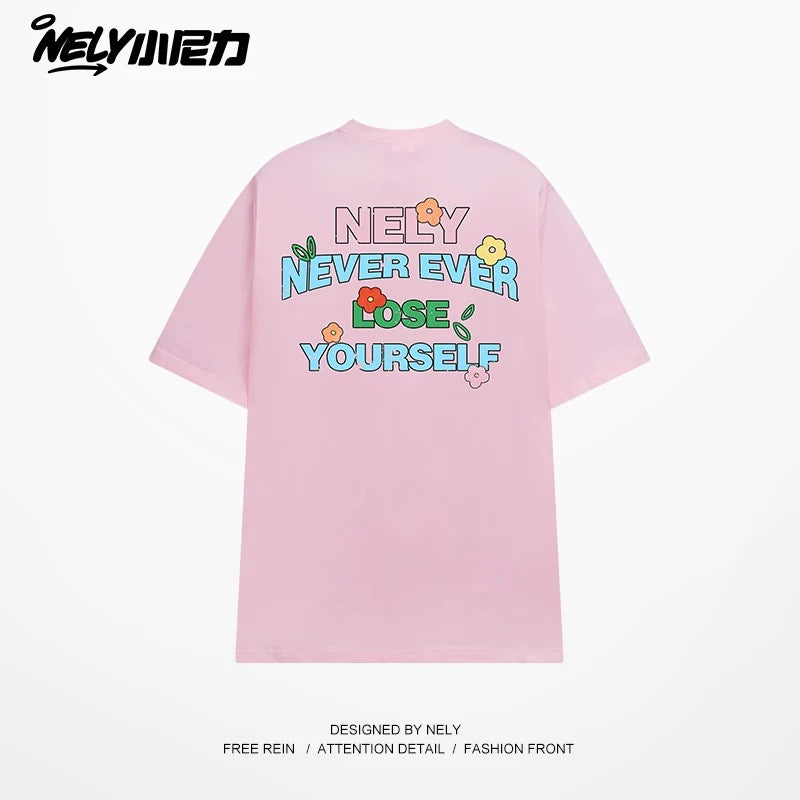 NELY Little Nelly Graffiti Flower Color Letter Short Sleeve T-shirt Men and Women Korean Small Round Neck Cotton Top Trend