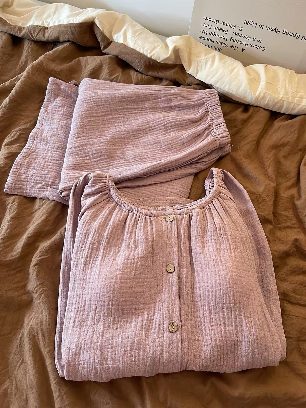 Women's Taro Purple Double-Layer Cotton Gauze Pajama Set – Soft, Cozy Long-Sleeve & Trouser Loungewear (Suitable for Casual Outings) – New Early Autumn 2026 Style