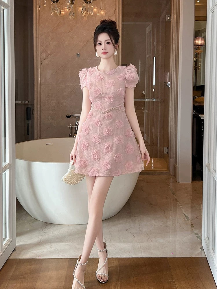 Skirt women's summer 2025 new niche design three-dimensional flower puff sleeve pink dress waist A-line skirt